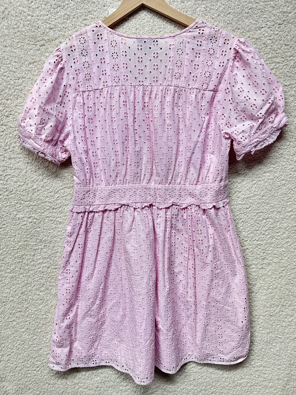 J.Crew Pink Eyelet Lace Puff Sleeve Cotton Mini Dress Size 12 - Picture 2 of 12